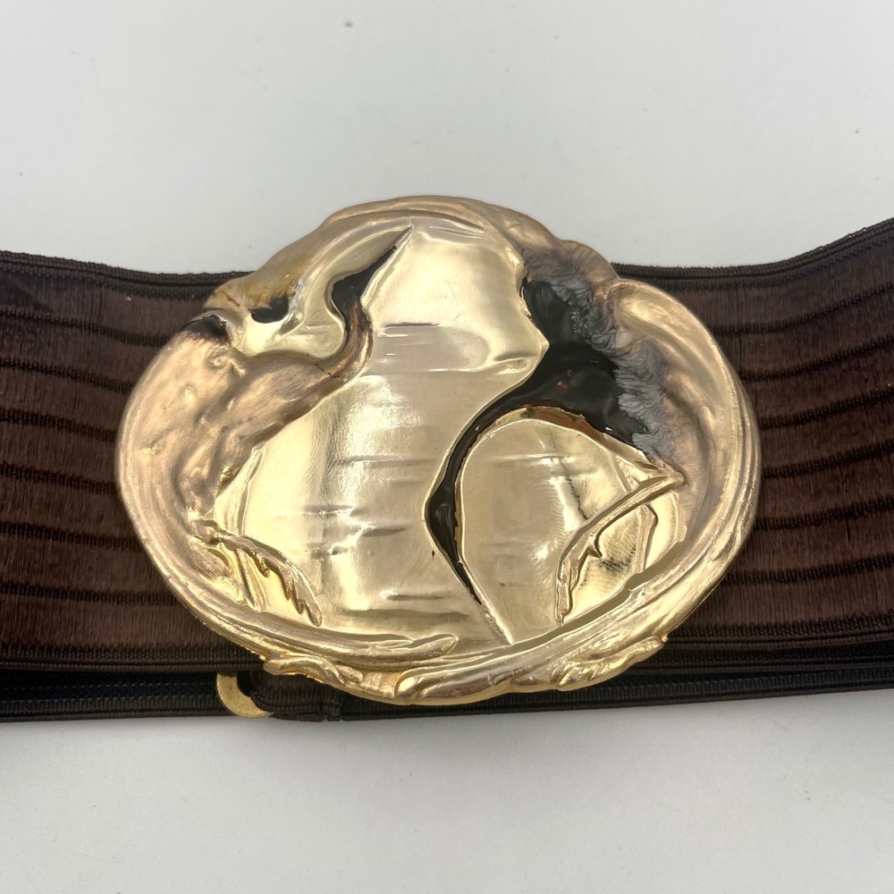 Vintage Charmant Gold Bronze Buckle Brown Stretch Belt Large Herons Birds